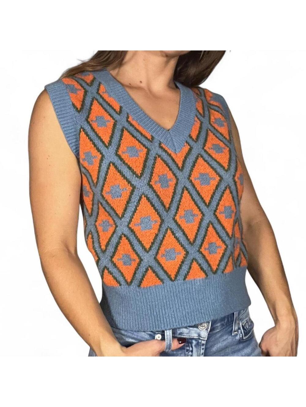 Benign Blue and Orange Diamond Pattern Knit Vest One Size
